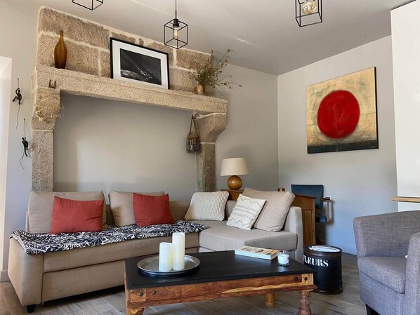 Televisión, chimenea y libros 