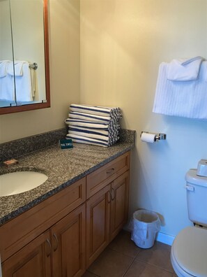 Een haardroger, handdoeken, zeep, shampoo