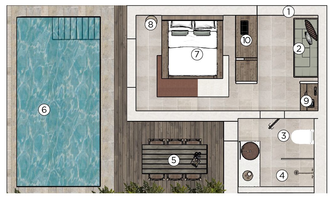 Un plan d’étage d’un hôtel comprenant une piscine, une chambre avec un lit et une salle de bain, un coin repas avec une table et des chaises, et une cuisine.