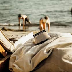 On the beach, white sand, free beach cabanas, sun loungers