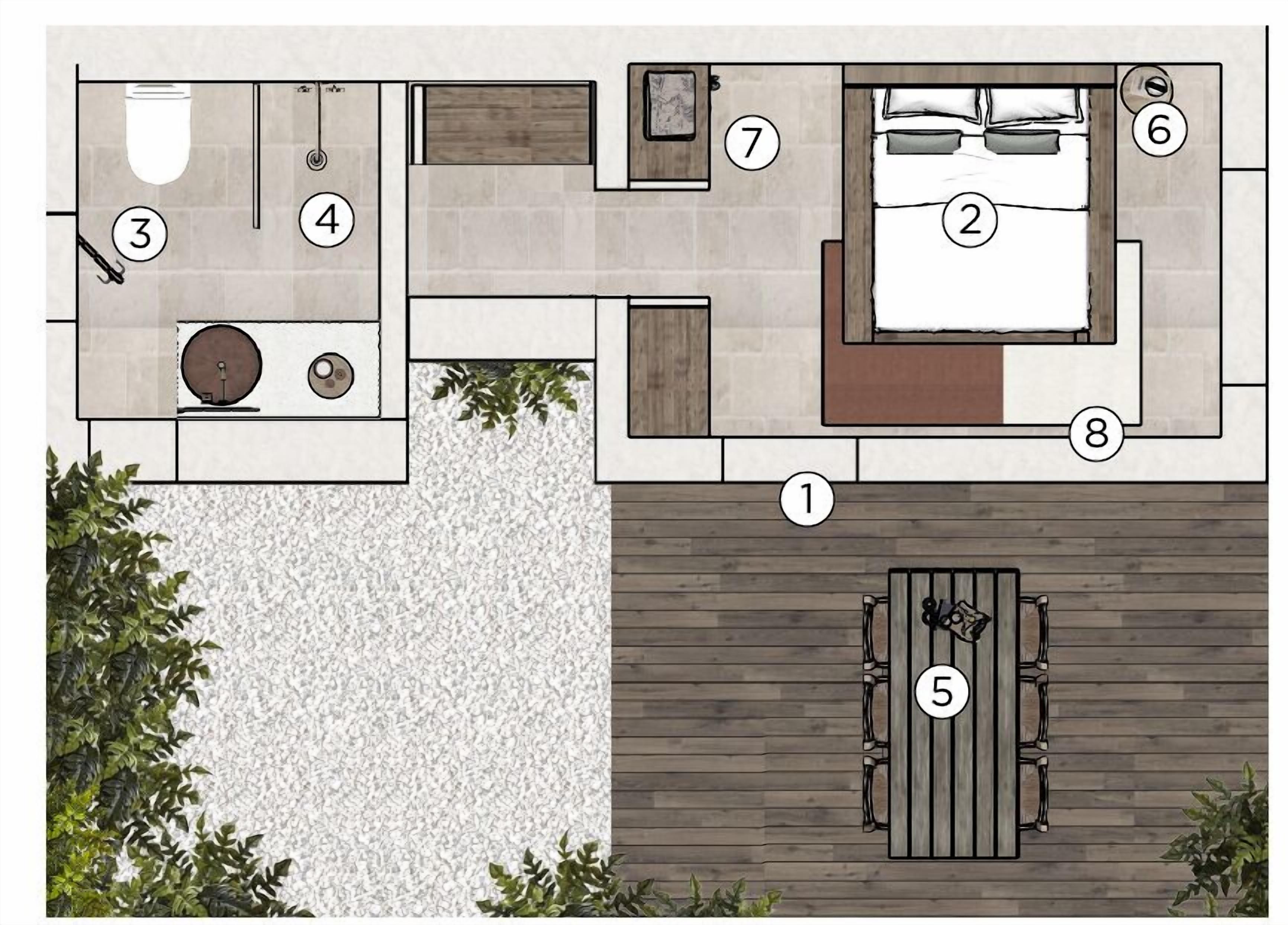 A floor plan of a hotel with a bedroom, bathroom, and a patio area.