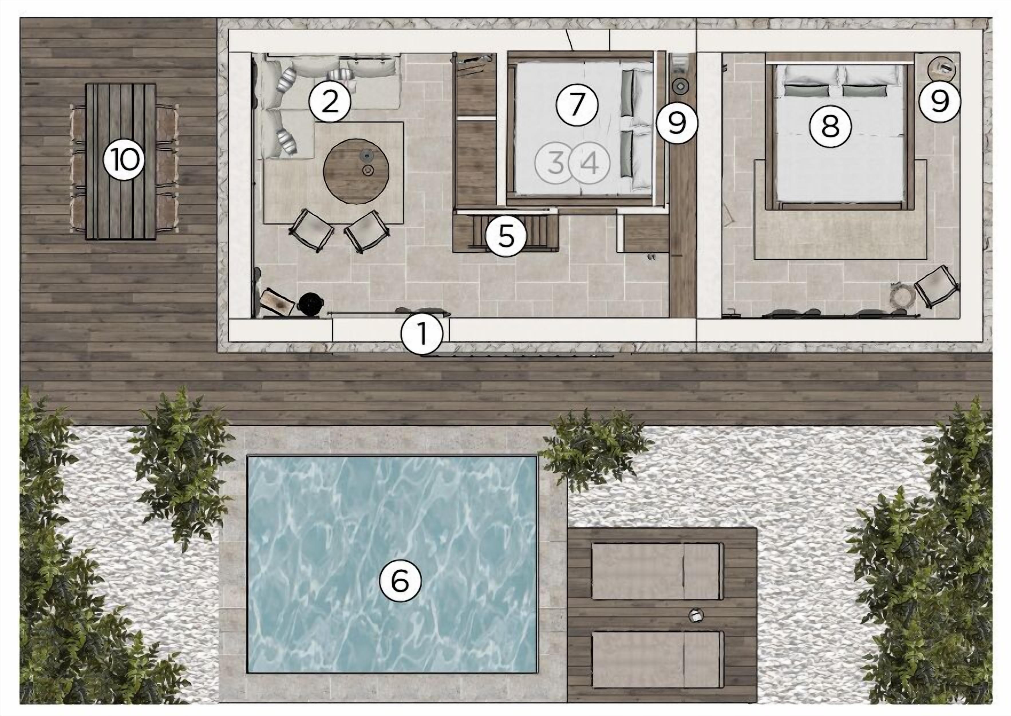 Vista cenital de la distribución de un hotel con piscina, mobiliario exterior y varias habitaciones.