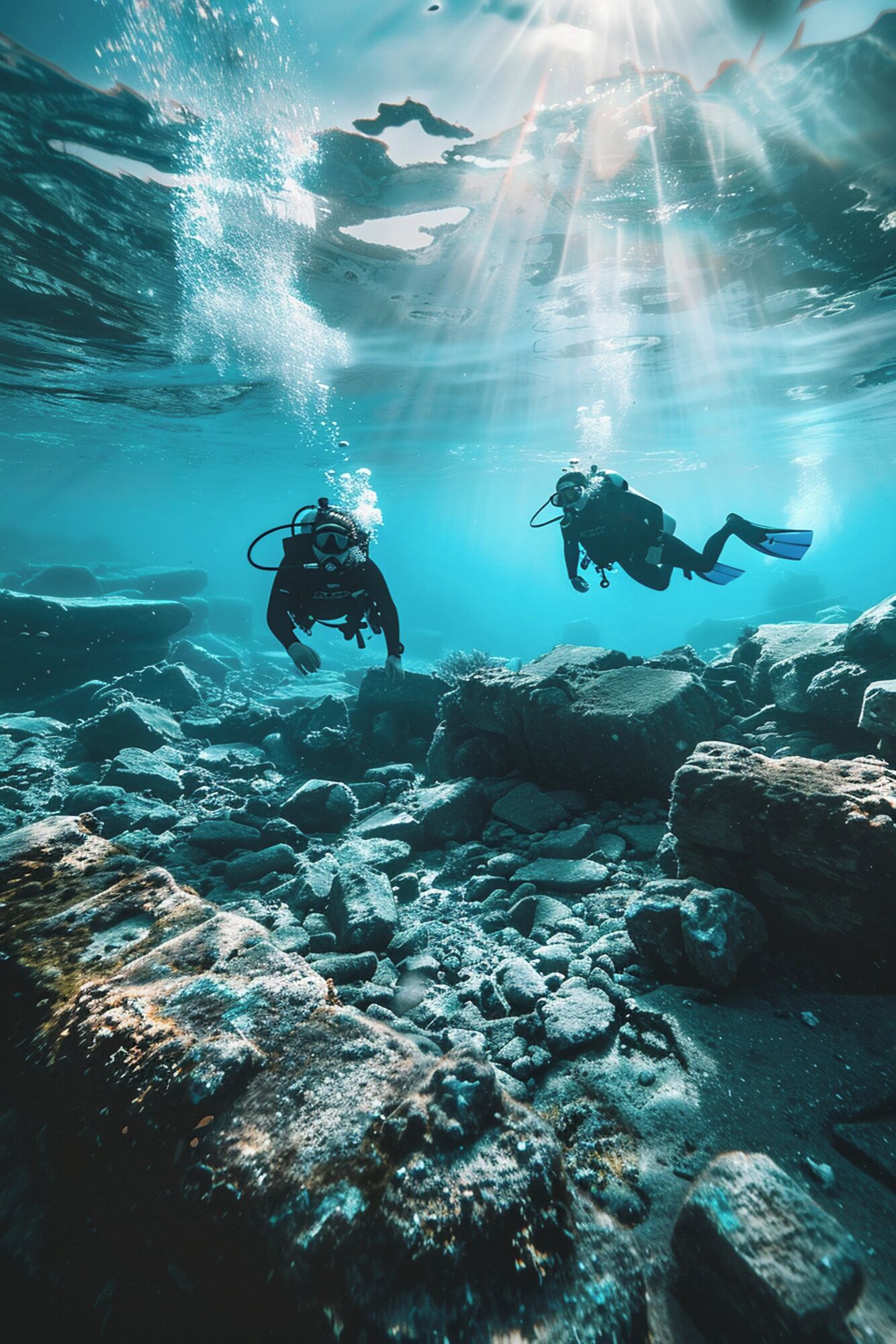 Two divers exploring an underwater rocky terrain with sunlight filtering through the water.