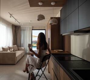Deluxe Suite with Private Pool | Living room | Smart TV - Anore Luxury Suites  (Sithonia)