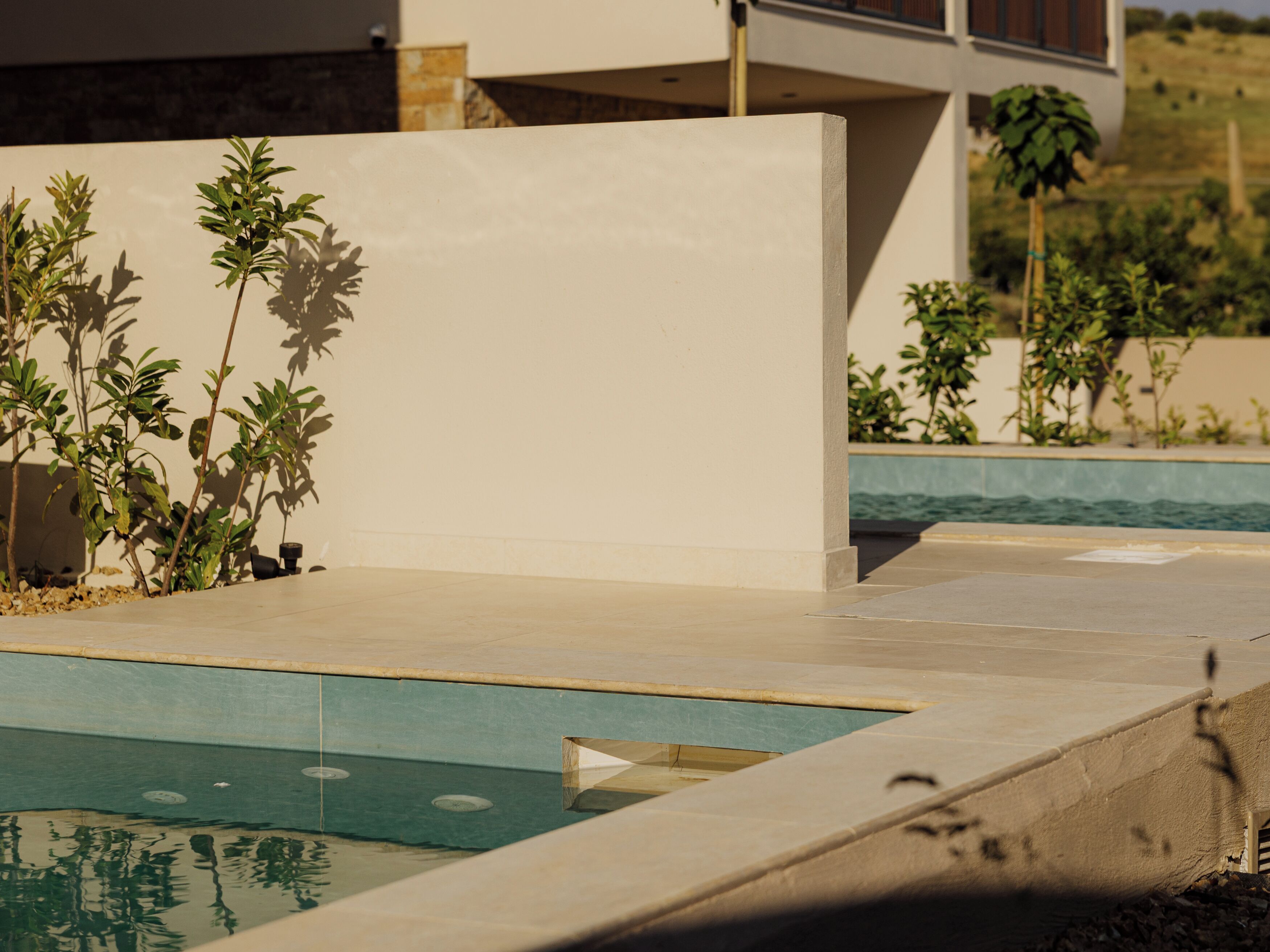 A modern outdoor pool area with a concrete deck, surrounded by small plants and a white wall.