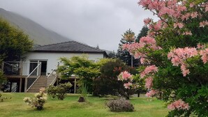 Uma casa com varanda coberta, gramado e árvores floridas.