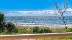 A beach view with a clear sky, ocean, and some vegetation. - Pacific Gables 1 - Absolute Beachfront Tugun - Linen Provided - Min. 3 Night Stays! (Tugun)