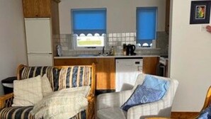 A compact living space with a sofa, armchair, and a small kitchen area.