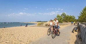A sandy beach with a paved path, a wooden fence, and a clear blue sky.
