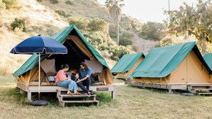 A family of three sitting on a wooden bench outside a tent labeled "PELICAN 1". - White s Landing Catalina Camp (Avalon)