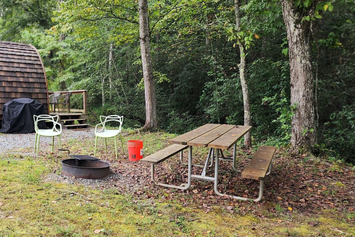 A rustic cabin with a sloped roof, a picnic table, two metal chairs, a fire pit, and a red bucket.