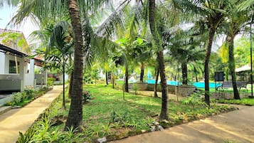 A garden area with palm trees, a pathway, and a pool in the background.