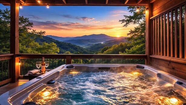 A hot tub with a sunset view, surrounded by wooden deck and railings. - Sevierville Cabin, Hot Tub & Mountain Views (Sevierville)