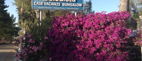 Letrero de Residence Guidoloca, un bungalow vacacional, con un vibrante arbusto de flores rosadas al frente.