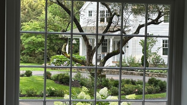 A window with a view of a white house, green lawn, and a street.