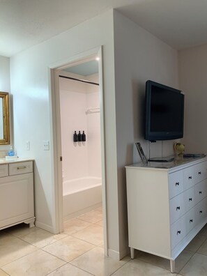 Hair dryer, towels, soap, shampoo