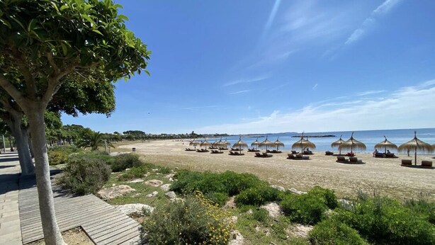 Une plage avec des passerelles en bois, des parasols et un ciel dégagé.