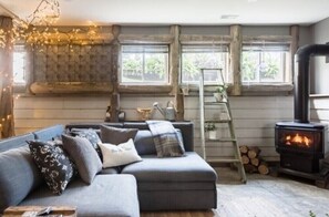 Smart TV, chimenea y libros 