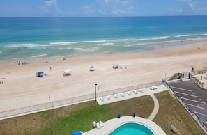On the beach, sun loungers, beach towels