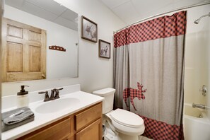 Shower, hair dryer, towels, toilet paper