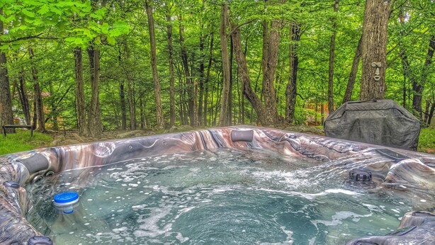 Un jacuzzi en un área boscosa con un telón de fondo rocoso.