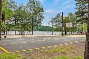 Een basketbalveld met een net, omgeven door bomen en een meer.