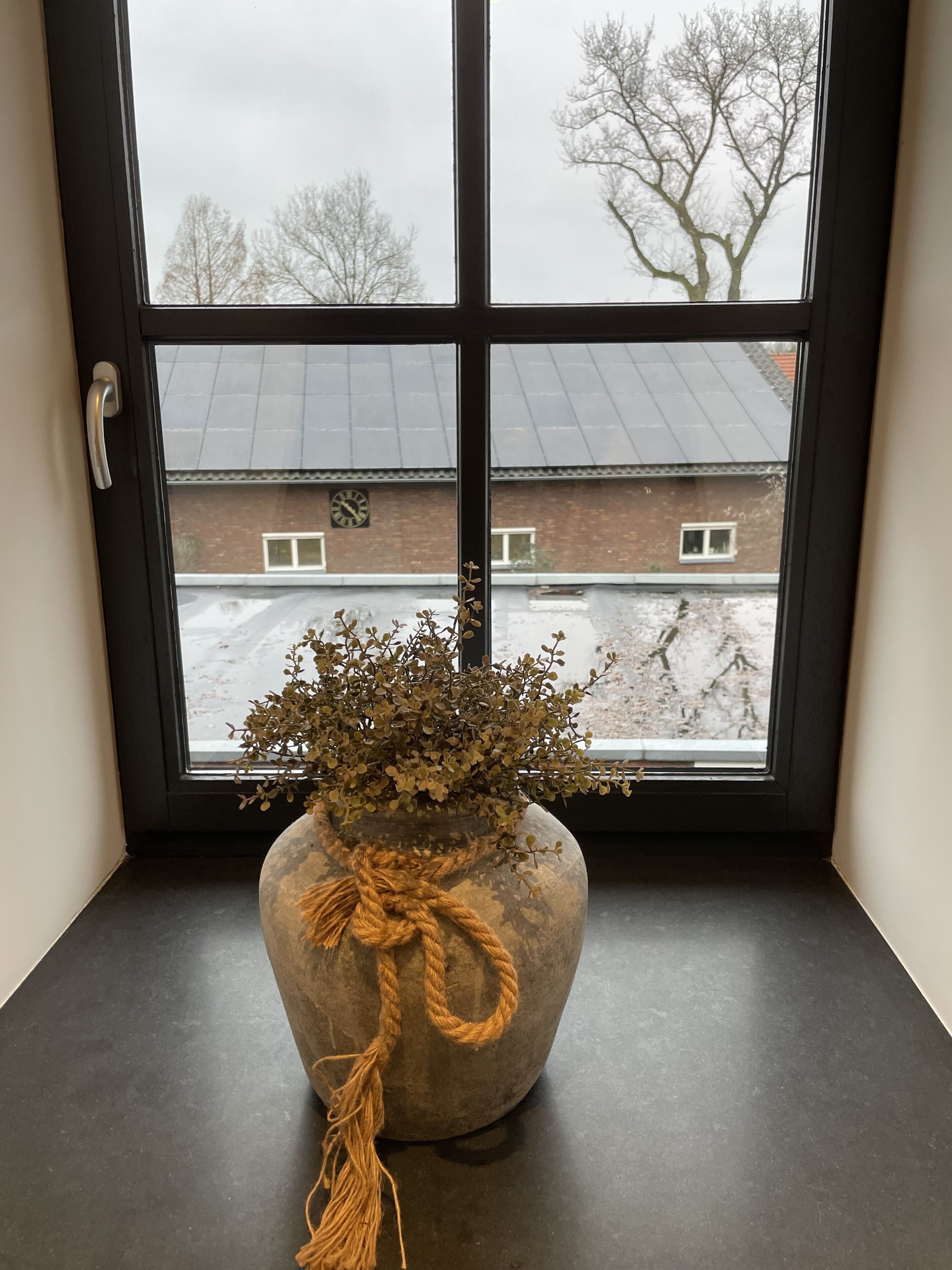 A large window with a view of a brick building and bare trees outside.