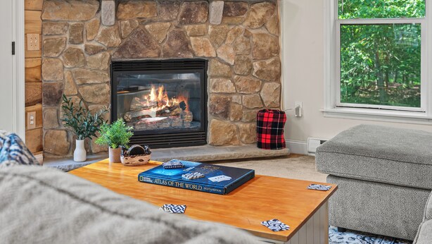 Una sala de estar acogedora con chimenea de piedra, un televisor de pantalla plana sobre ella y vistas a la vegetación por una ventana.