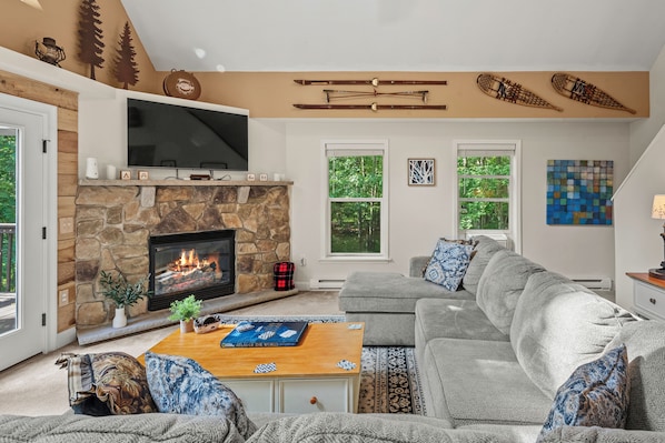 Smart TV, fireplace, foosball