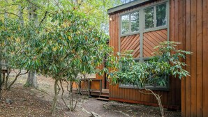 Una cabaña de madera con un porche con ventanas y un árbol en frente.