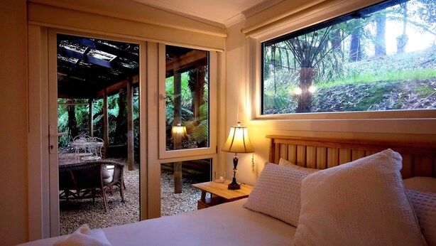 A hotel room with a bed, a window with a forest view, a table with a lamp, and a chair outside.