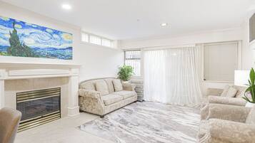 Smart TV, fireplace, video games, DVD player