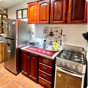Fridge, microwave, oven, coffee/tea maker