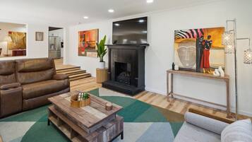 TV, fireplace, books