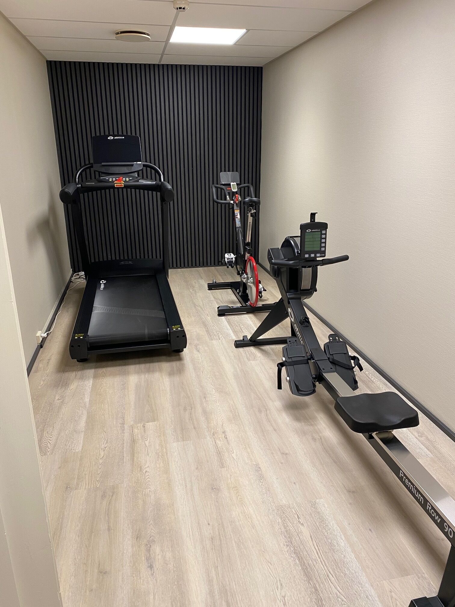 Un gimnasio con una cinta de correr, una máquina de remo y una bicicleta estática.