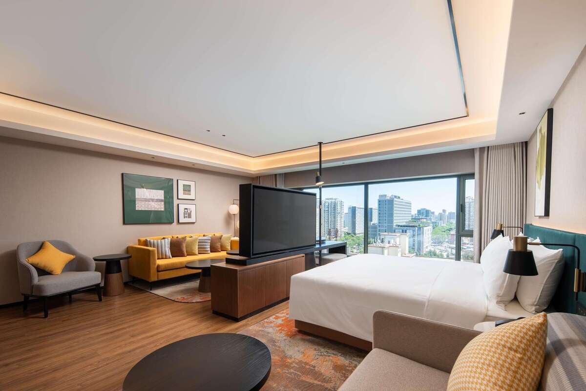 Una habitación de hotel moderna con una cama grande, un sofá, un televisor y vistas a la ciudad.