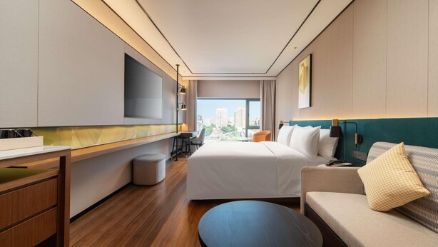 Habitació d'hotel moderna amb un llit gran, un sofà, una taula de treball i un televisor fixat a la paret.