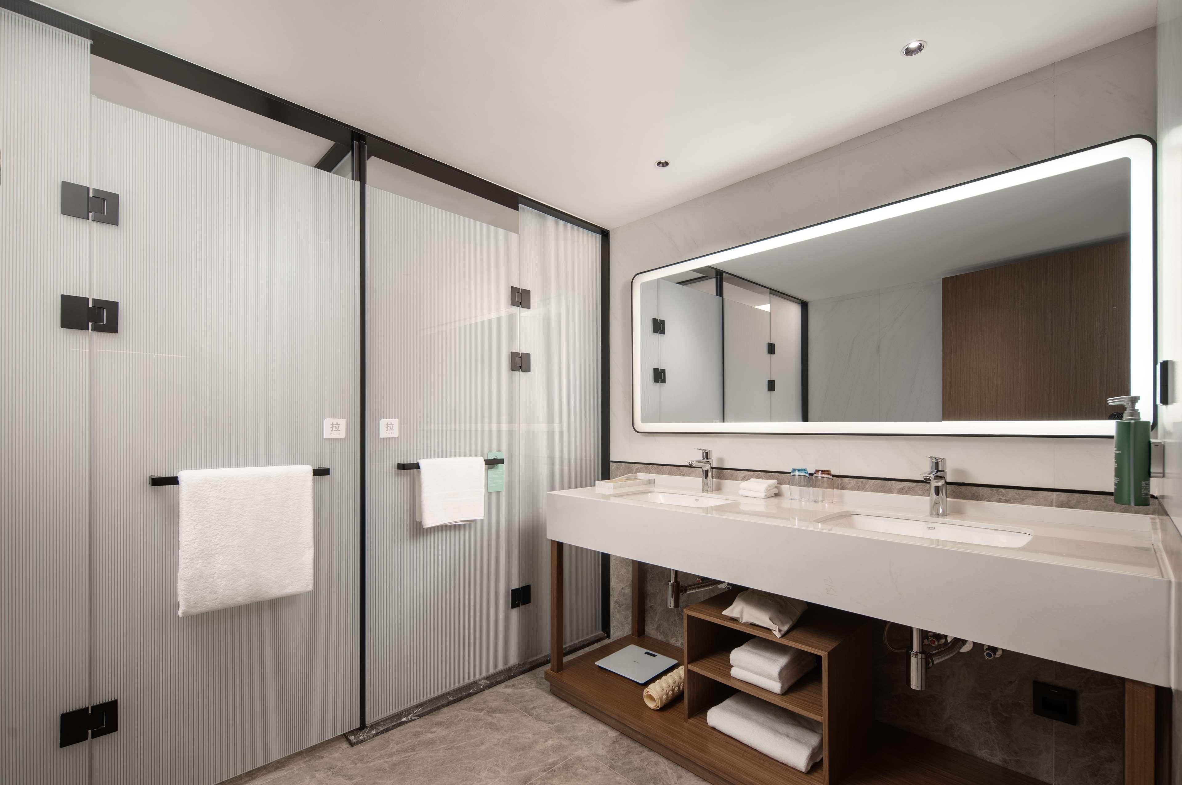 Ein modernes Badezimmer mit zwei Waschbecken, einem großen Spiegel und einem Handtuchhalter.