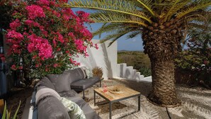 Un espacio al aire libre acogedor con un sofá, una mesa de madera y una palmera.