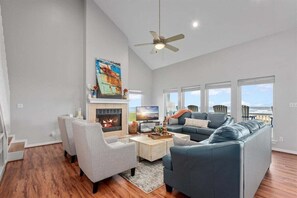Smart TV, fireplace, books