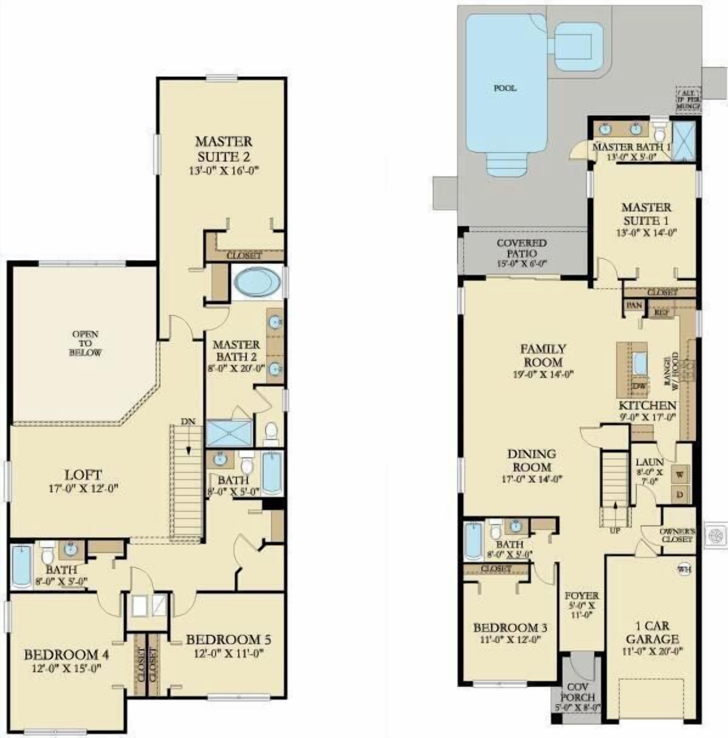 A two-story apartment layout with Master Suites, a loft, and multiple bedrooms.