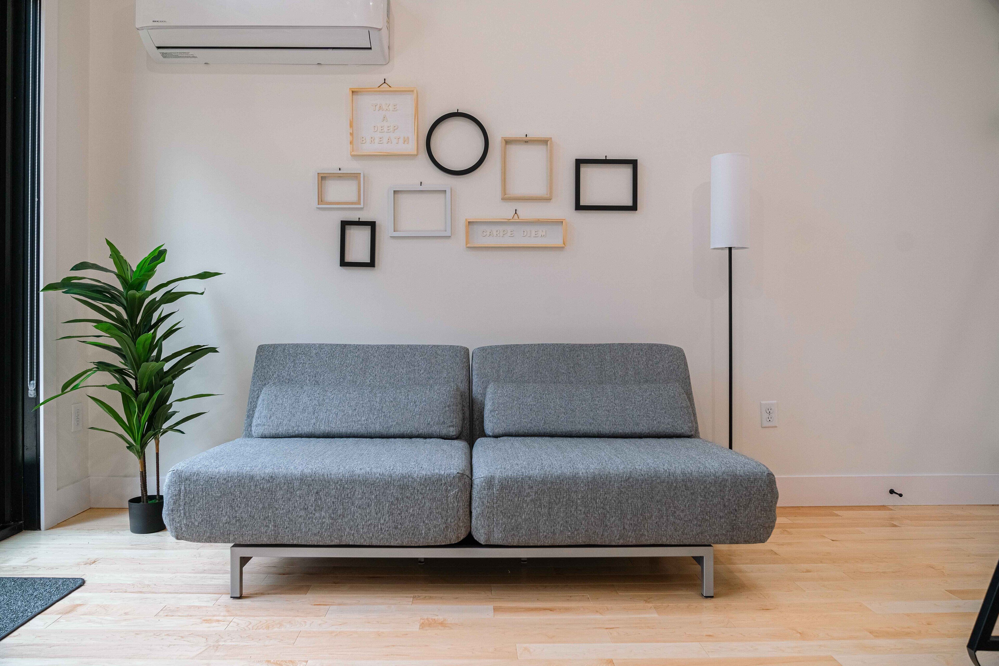 Een moderne woonkamer met een grijze bank, een potplant en een muur met ingelijste kunstwerken.