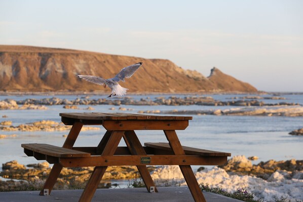 Una mesa de picnic de madera con un letrero, frente a un paisaje costero rocoso.