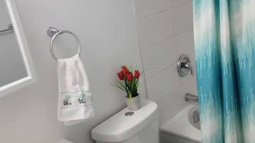 Hair dryer, towels, soap, shampoo