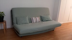 A green sofa with two pillows, a small wooden stool with a potted plant, and a white wardrobe in a room with wooden flooring. - Studio 26 m2, à 5 mn de Paris (Arcueil)