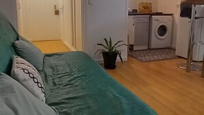 A bedroom with a green bedspread, a potted plant, and a view into a kitchen area with a washing machine. - Studio 26 m2, à 5 mn de Paris (Arcueil)