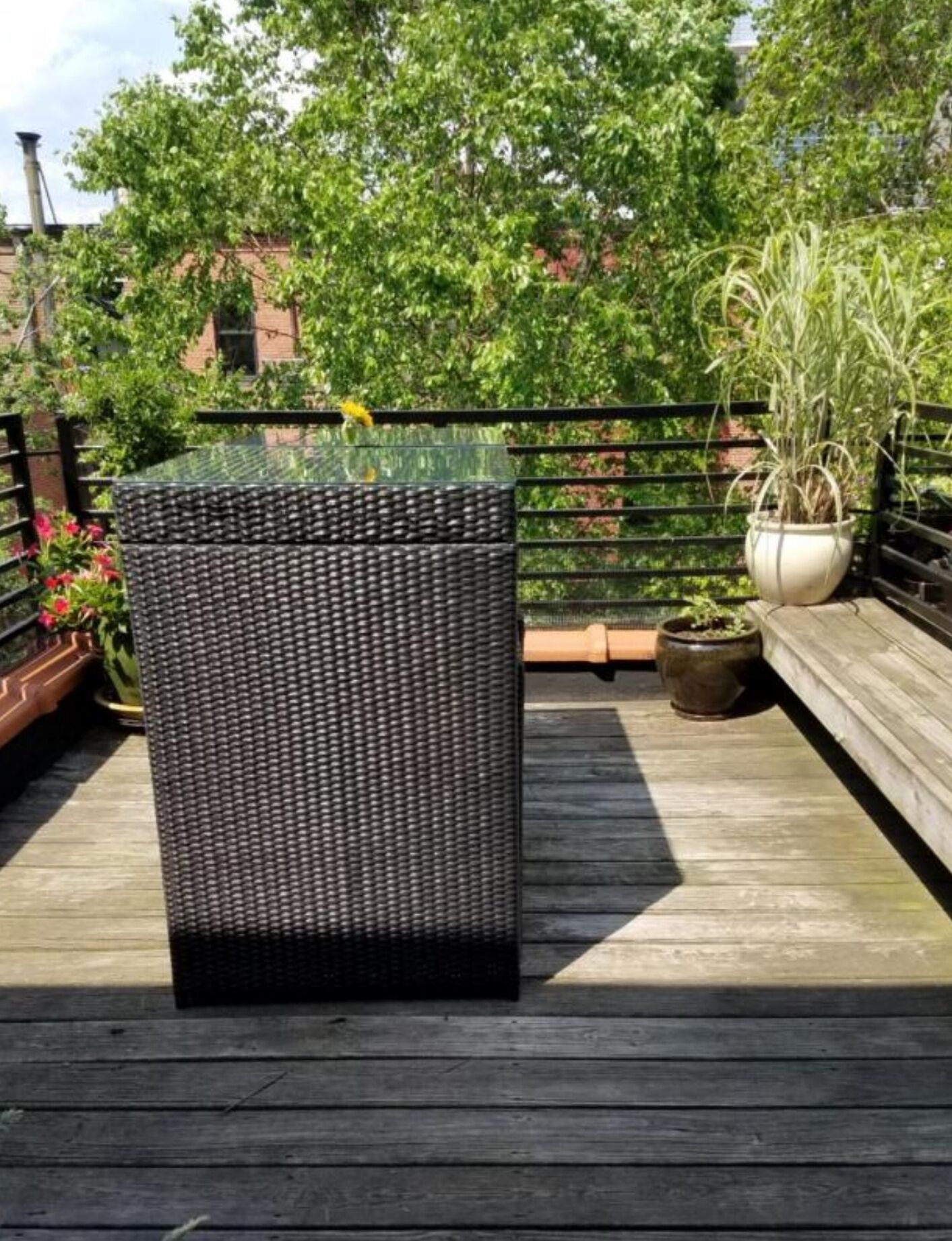 A black wicker chair on a wooden deck with a metal railing and potted plants.