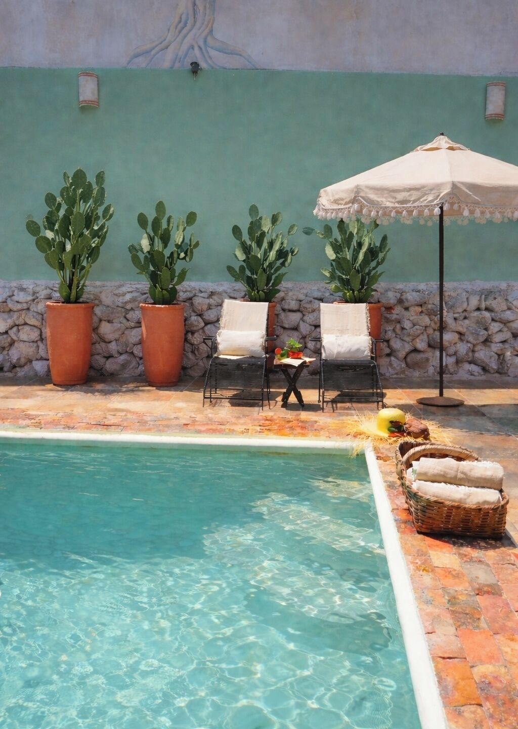 A pool area with chairs, a table, and potted cacti.