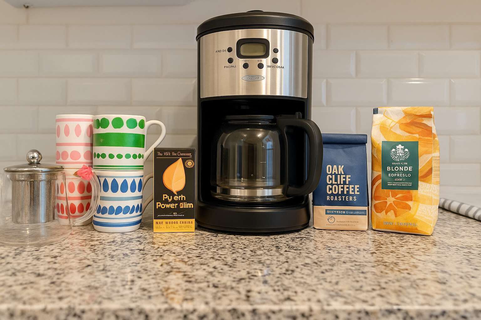 A kitchen counter with a coffee maker, a mug, a coffee pod, and a bag of coffee.