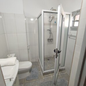 Shower, towels, soap, toilet paper